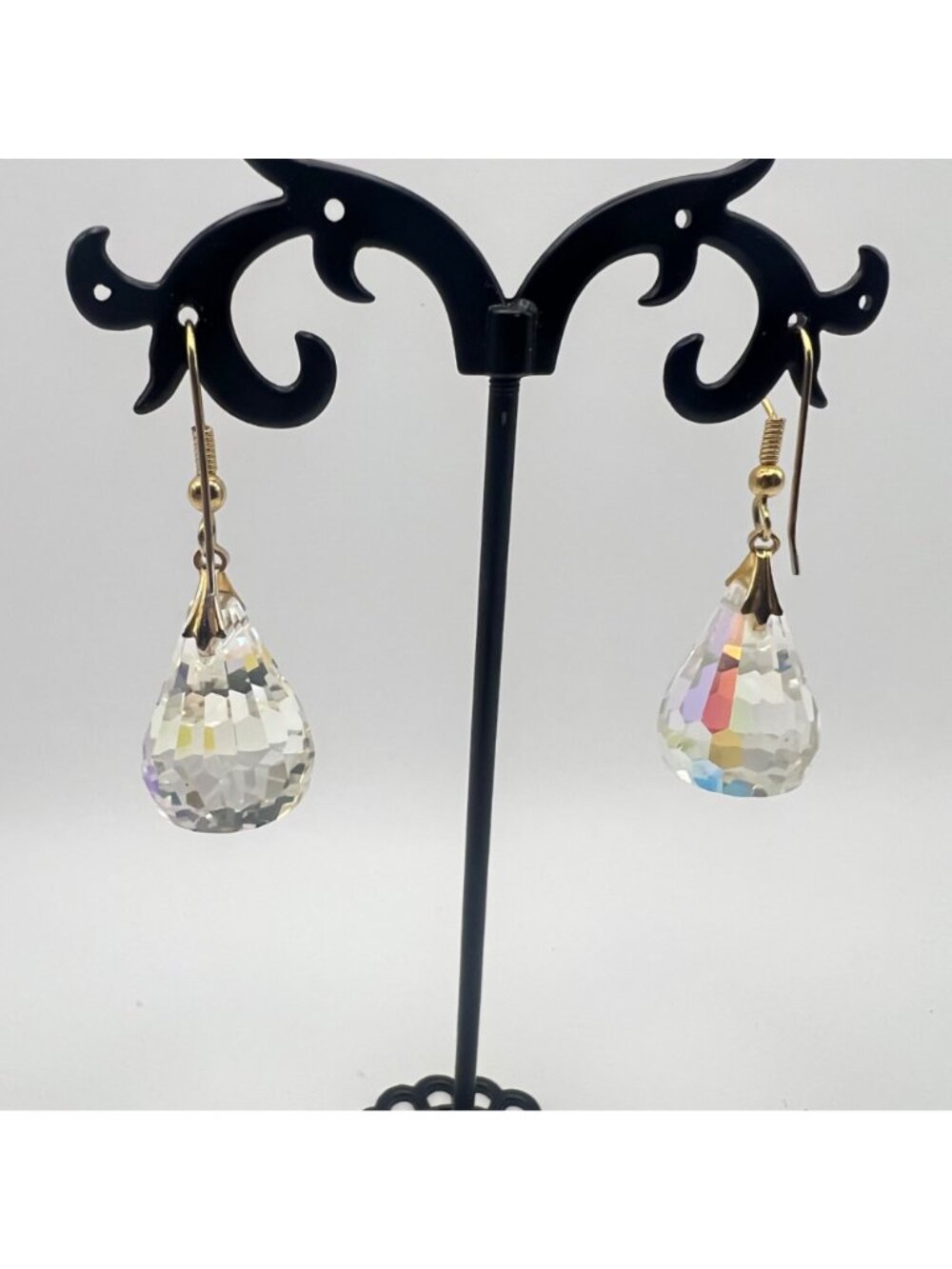 Vintage AB Crystal Teardrop Pendant Necklace Earrings Set Gold-Tone 24" Japan - Picture 7 of 11